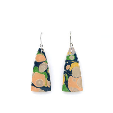 Close-up of Navy, Green, Coral Pink Marble Dangle Modern Earrings showcasing their unique marbling and titanium wire hooks, perfect for sensitive ears.