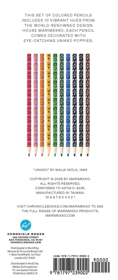 Back view of Marimekko Colored Pencils packaging by Chronicle Books, featuring colorful pencils with Unikko poppy pattern, designed for art enthusiasts.