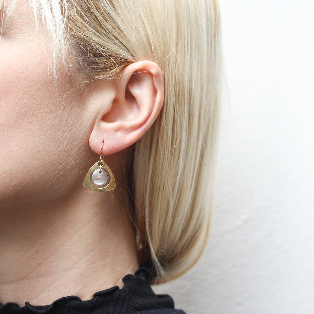 Small Cutout Rounded Triangle with Hanging Disc Wire Earrings by Marjorie Baer, handcrafted jewelry made in California