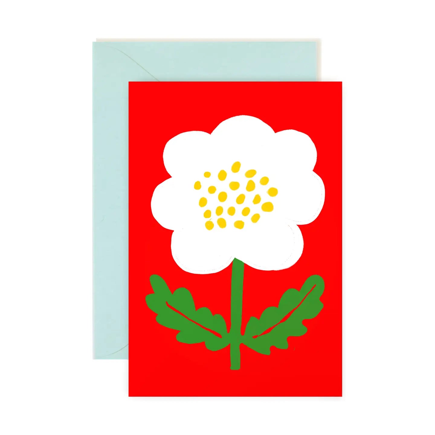 Colorful mini note card featuring a white flower with yellow center on a red background, paired with a light blue envelope, part of the Karen Schipper Mini Note Card Collection.