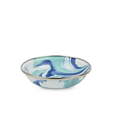Single Crow Canyon Home Enamelware Lagoon Tasting Dish featuring a stunning sea glass marbled pattern in shades of blue and white, perfect for serving small portions.