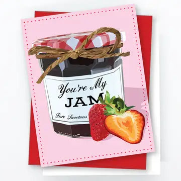 Valentine's Day card featuring a jar of jam and strawberries with the text 'You're My Jam'. Part of the Valentine's Day Card Collection by ARTISANS & agency.