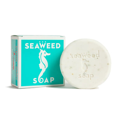 Swedish Dream Bar Soap by Kalastyle Soap Co., showcasing a seaweed soap bar in a teal box adorned with a seahorse design, known for its moisturizing and clarifying properties.