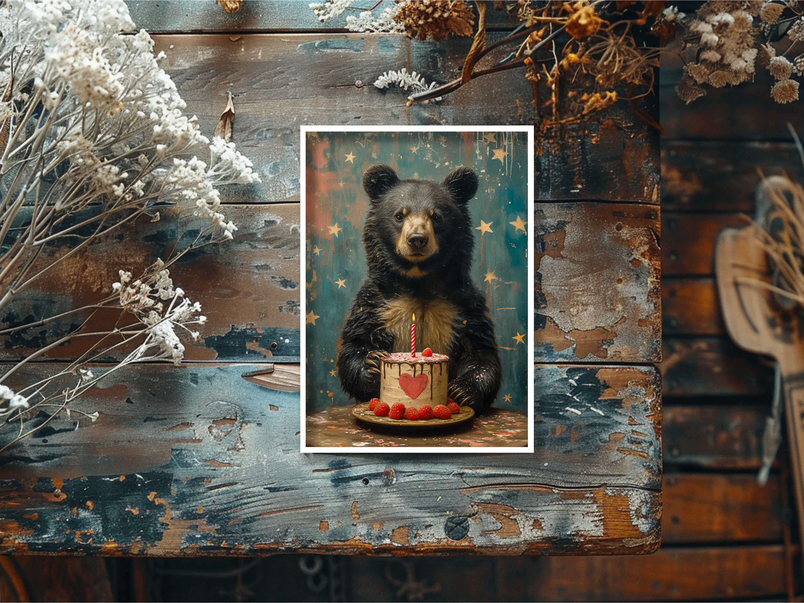 bear holding a birthday cake greeting card