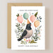 Firefly Paper Studio Card Collection illustrating a playful card with a pigeon adorned with a party hat and balloons, captioned 'I crap on everything except your birthday', perfect for a lighthearted birthday greeting.