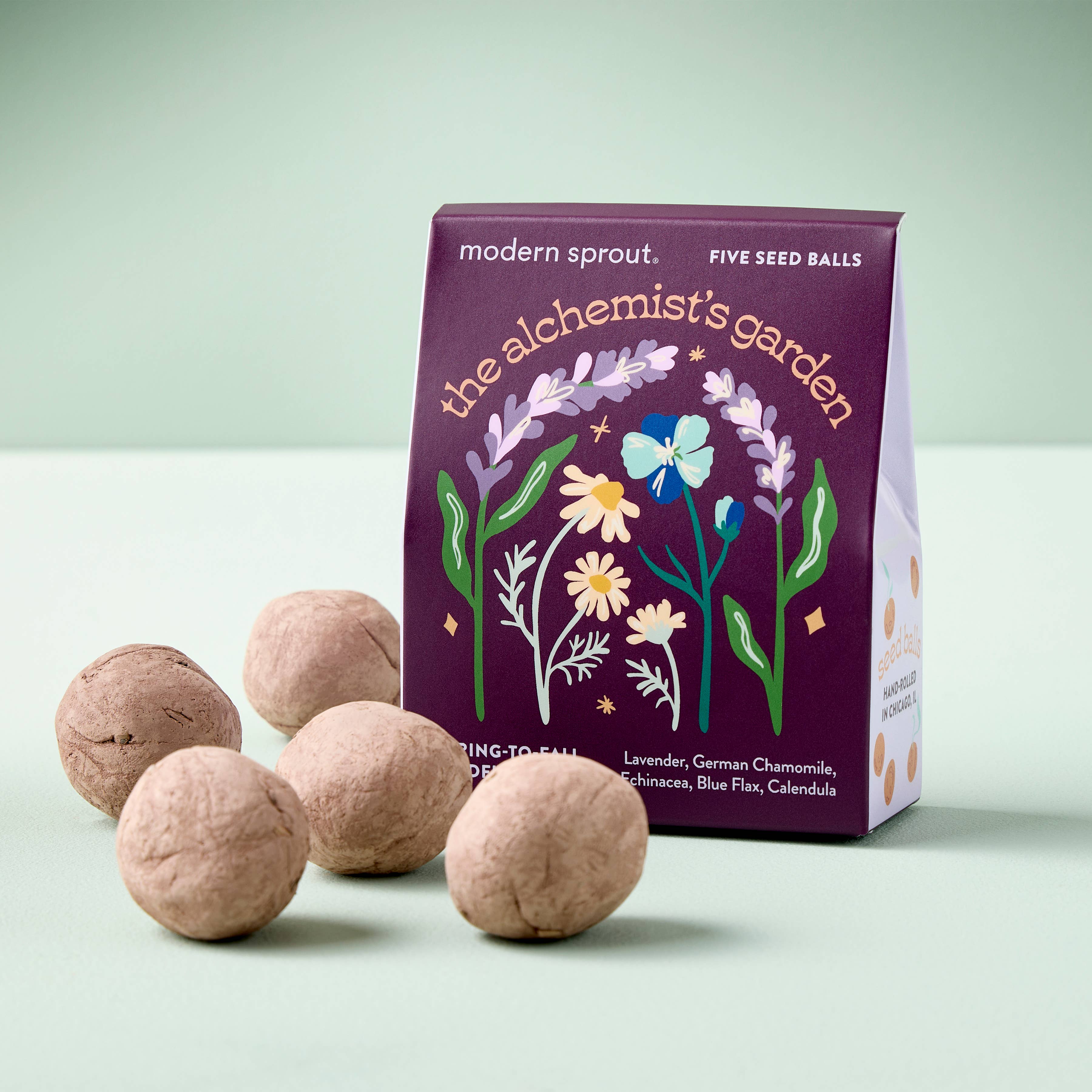 The Alchemist's Garden seed ball kit from Bespoke Blooms by Modern Sprout, featuring calming floral artwork and five seed balls displayed on a soft green backdrop.