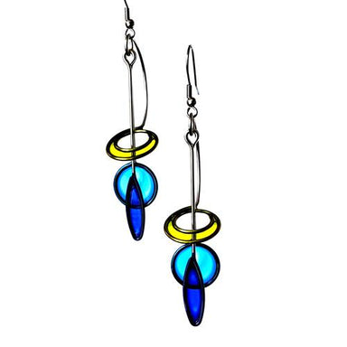 Leaves and Circles Earrings by Christopher Royal featuring a blend of stainless steel and translucent resin, inspired by kinetic sculptures.