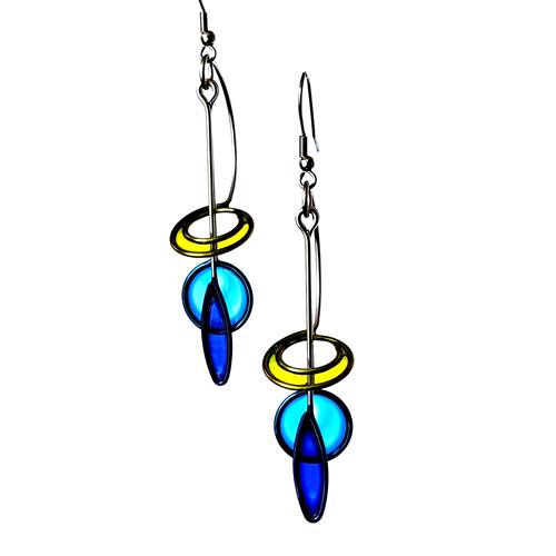 Leaves and Circles Earrings by Christopher Royal featuring a blend of stainless steel and translucent resin, inspired by kinetic sculptures.