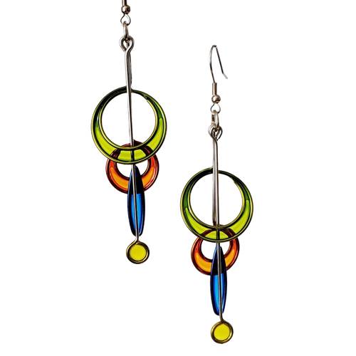 Cascading Circles, Leaves, and Dots Earrings by Christopher Royal showcasing an artistic blend of stainless steel and translucent resin, inspired by kinetic sculptures.