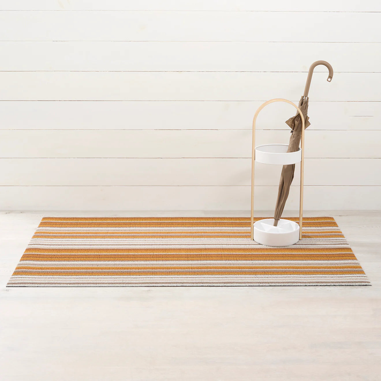 Horizon Stripe Shag Mat in Desert color, showcasing modern design inspired by landscapes and seascapes.