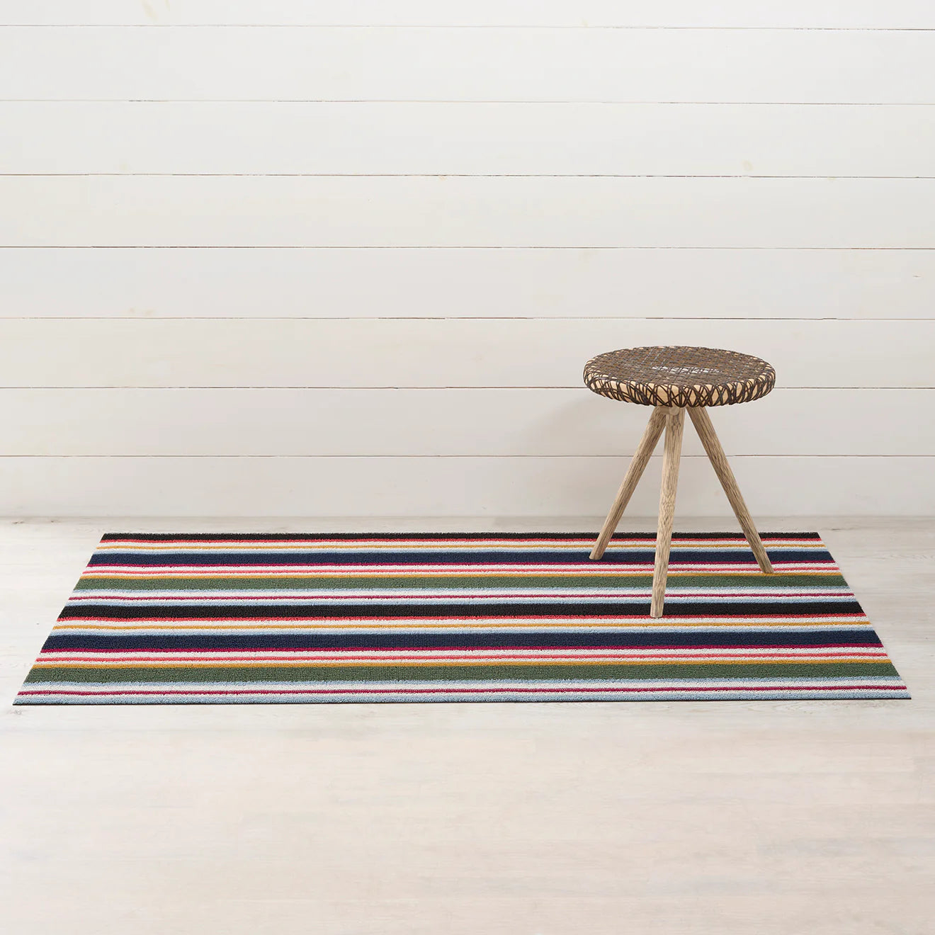 Close-up view of the Shuffle Stripe Shag Mat texture, showcasing tufted vinyl yarns resistant to mold and mildew.