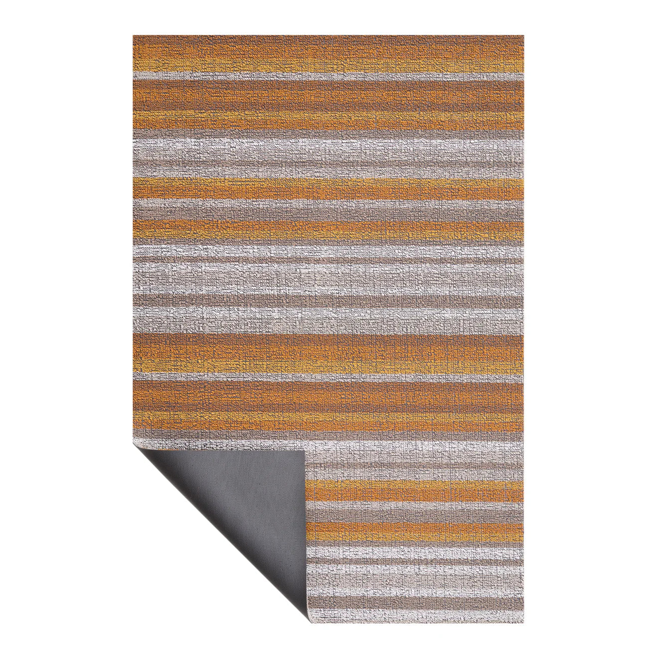 Horizon Stripe Shag Mat | Desert, highlighting its slip-resistant vinyl backing and rich color patterns.