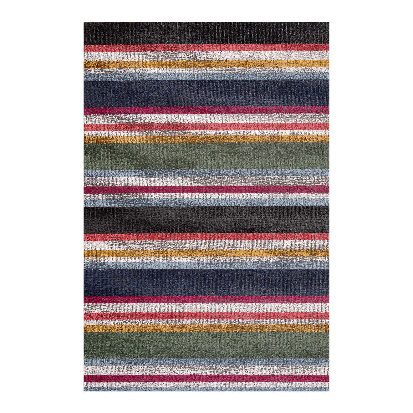 Shuffle Stripe Shag Mat by Chilewich, showcasing dynamic dark and light stripes with a soft, plush texture, perfect for entryways and outdoor spaces.