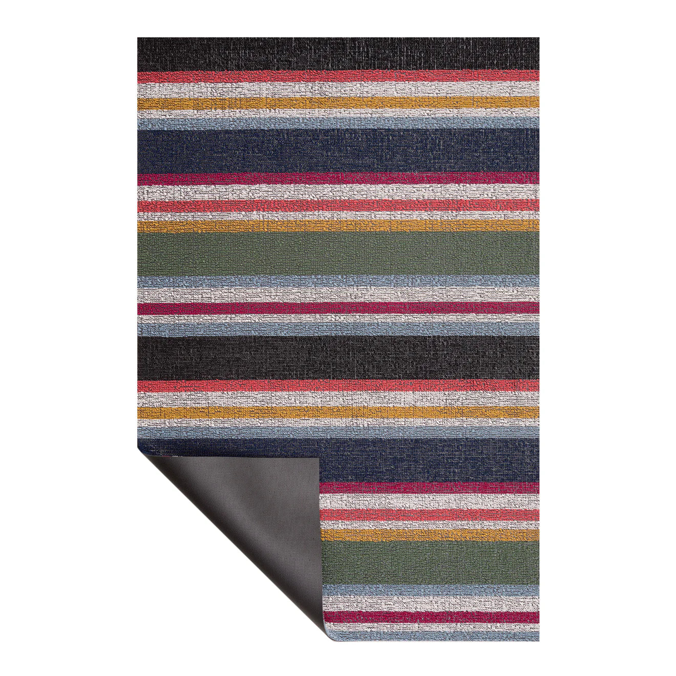 Close-up of the Shuffle Stripe Shag Mat by Chilewich, highlighting the soft looped TerraStrand yarn and durable vinyl backing.