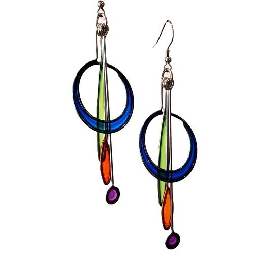 Circle Orbiting Leaves and Dot Earrings designed by Christopher Royal, showcasing a blend of stainless steel and translucent resin, inspired by kinetic sculptures.