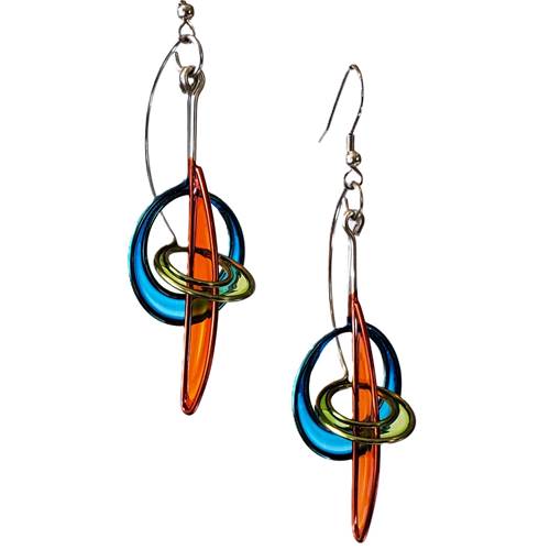 Orange Sliver and Circles Earrings designed by Christopher Royal, featuring a unique blend of stainless steel and translucent resin, embodying urban sophistication and playful elegance.
