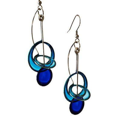 Blue Circle Orbit Dot Drop Earrings by Christopher Royal, featuring a blend of stainless steel and translucent resin, inspired by kinetic sculptures.