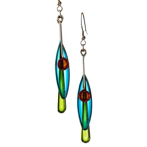 Stylish Oval, Teardrop, and Dot Earrings by Christopher Royal, showcasing unique designs inspired by kinetic sculptures, made from stainless steel and translucent resin.
