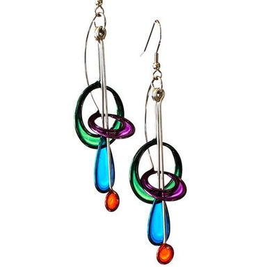 Orbiting Teardrop with Dot Earrings by Christopher Royal, showcasing unique Kinetic Jewelry inspired by intricate sculptures, blending stainless steel and translucent resin for an urban, sophisticated style.