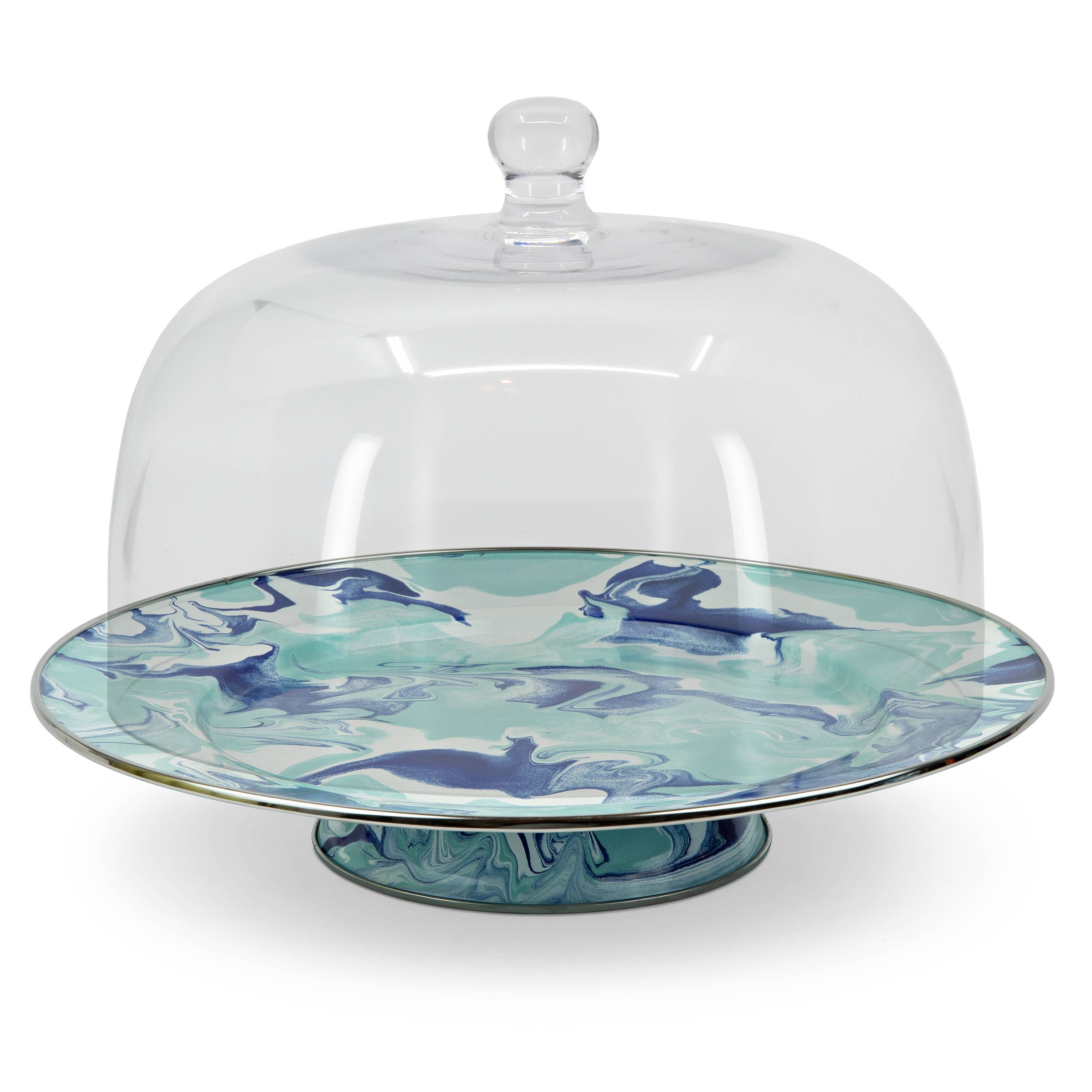 Enamelware Lagoon Cake Plate by Crow Canyon Home featuring a marbled design in cobalt blue and sea glass colors, displayed under a glass dome.