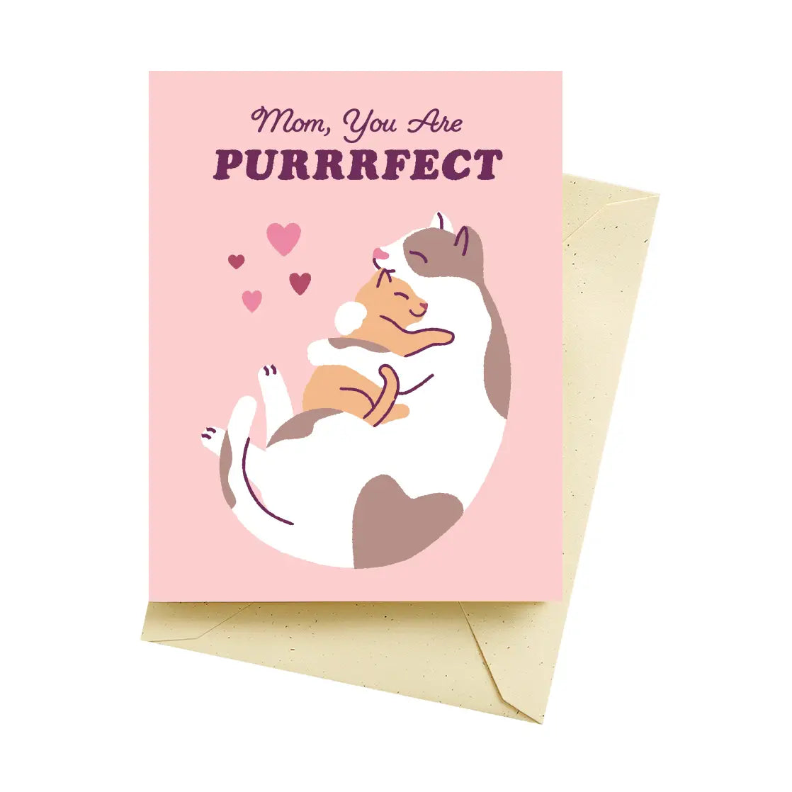 A Mother's Day card from ARTISANS & agency, featuring an illustration of a cat and dog hugging with the text 'Mom, You Are PURRRRFECT'. Perfect for expressing love to moms.