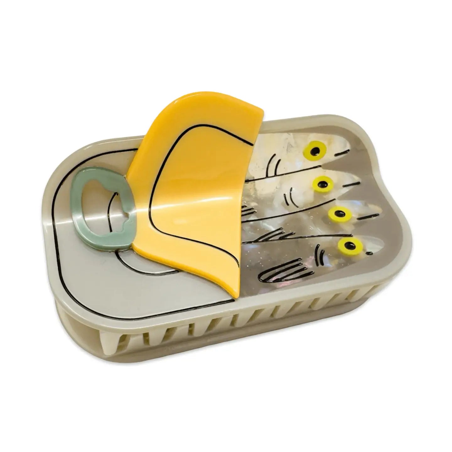 Sardine can-inspired hair claw by Jenny Lemons, featured in the Assorted Fun Foods collection. This quirky design includes a yellow lid and realistic fish details, made from eco-friendly cellulose acetate.