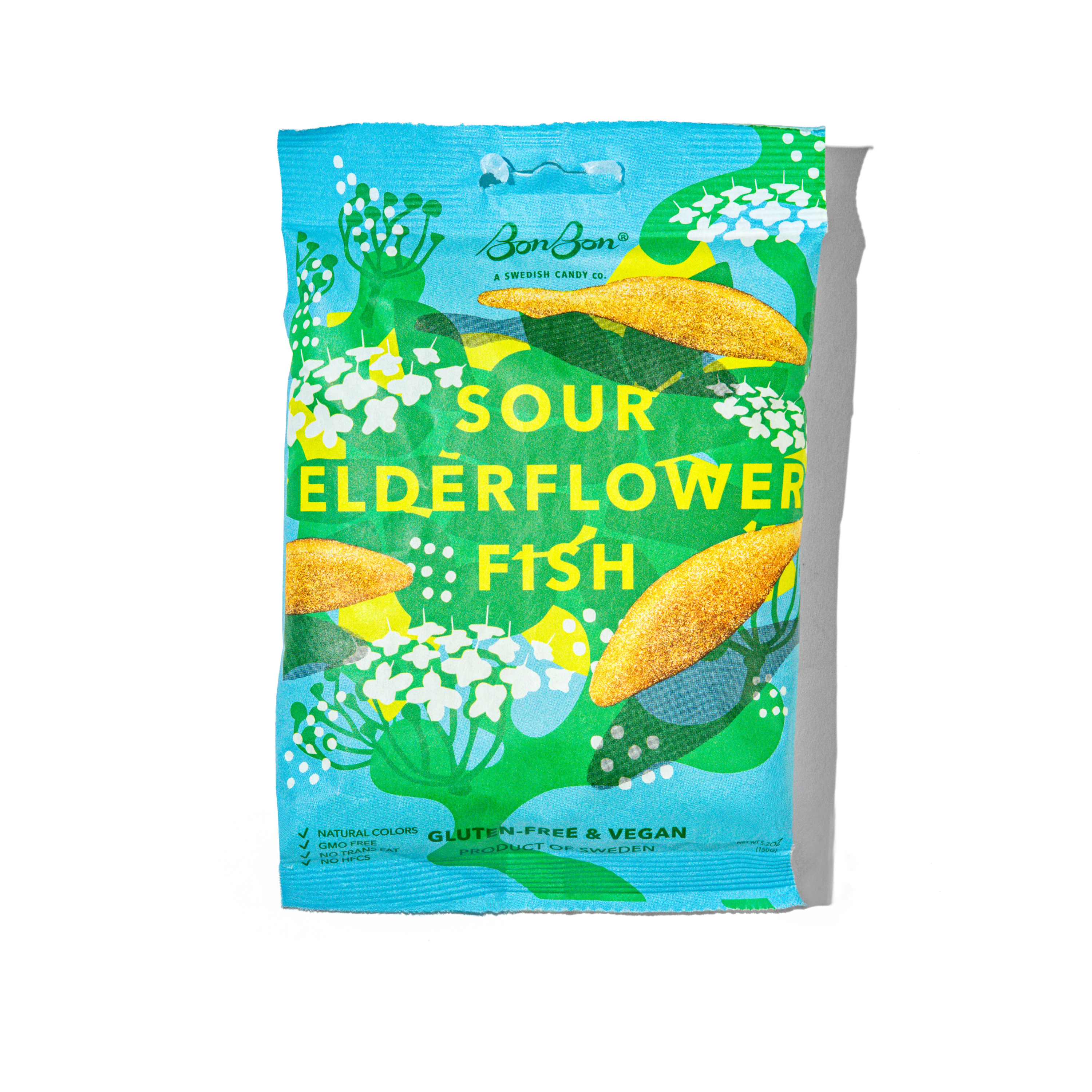 Close-up of Sour Elderflower Fish - Swedish Candy 5.2oz (150g) highlighting the unique sour flavor and vibrant color that brings a taste of Sweden.