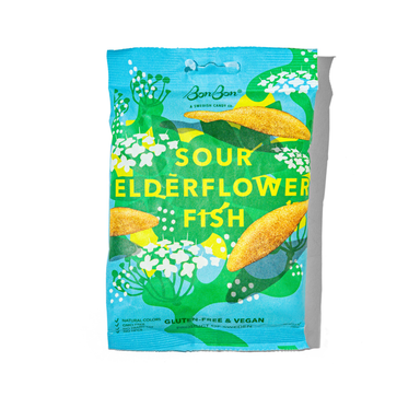 Close-up of Sour Elderflower Fish - Swedish Candy 5.2oz (150g) highlighting the unique sour flavor and vibrant color that brings a taste of Sweden.