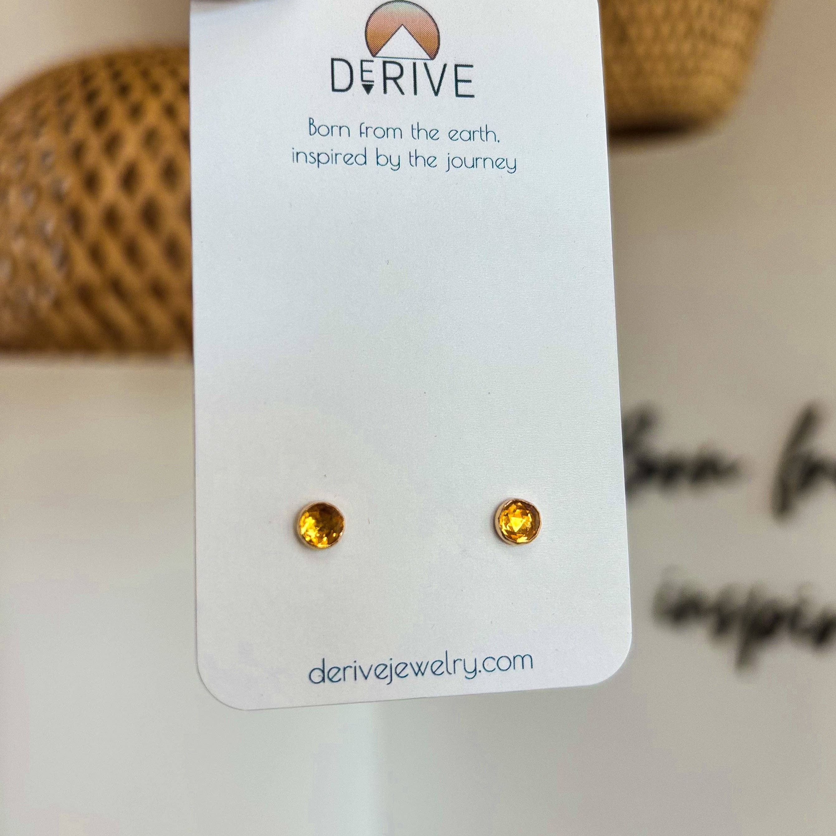 Beautiful Citrine Gemstone Stud Earrings from Derive Jewelry presented on a minimalistic display card, ideal for everyday wear.