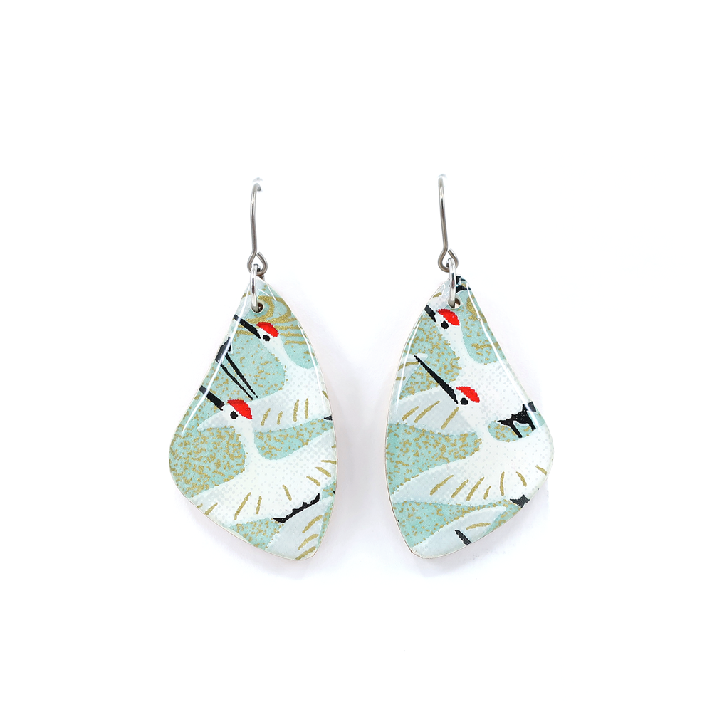 Crane Japanese titanium dangle earrings in green, featuring intricate Chiyogami paper design and UV-cured resin finish, perfect for sensitive ears.