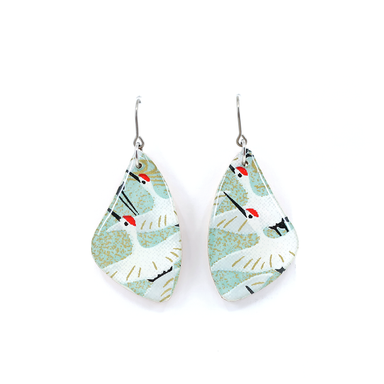 Crane Japanese titanium dangle earrings in green, featuring intricate Chiyogami paper design and UV-cured resin finish, perfect for sensitive ears.