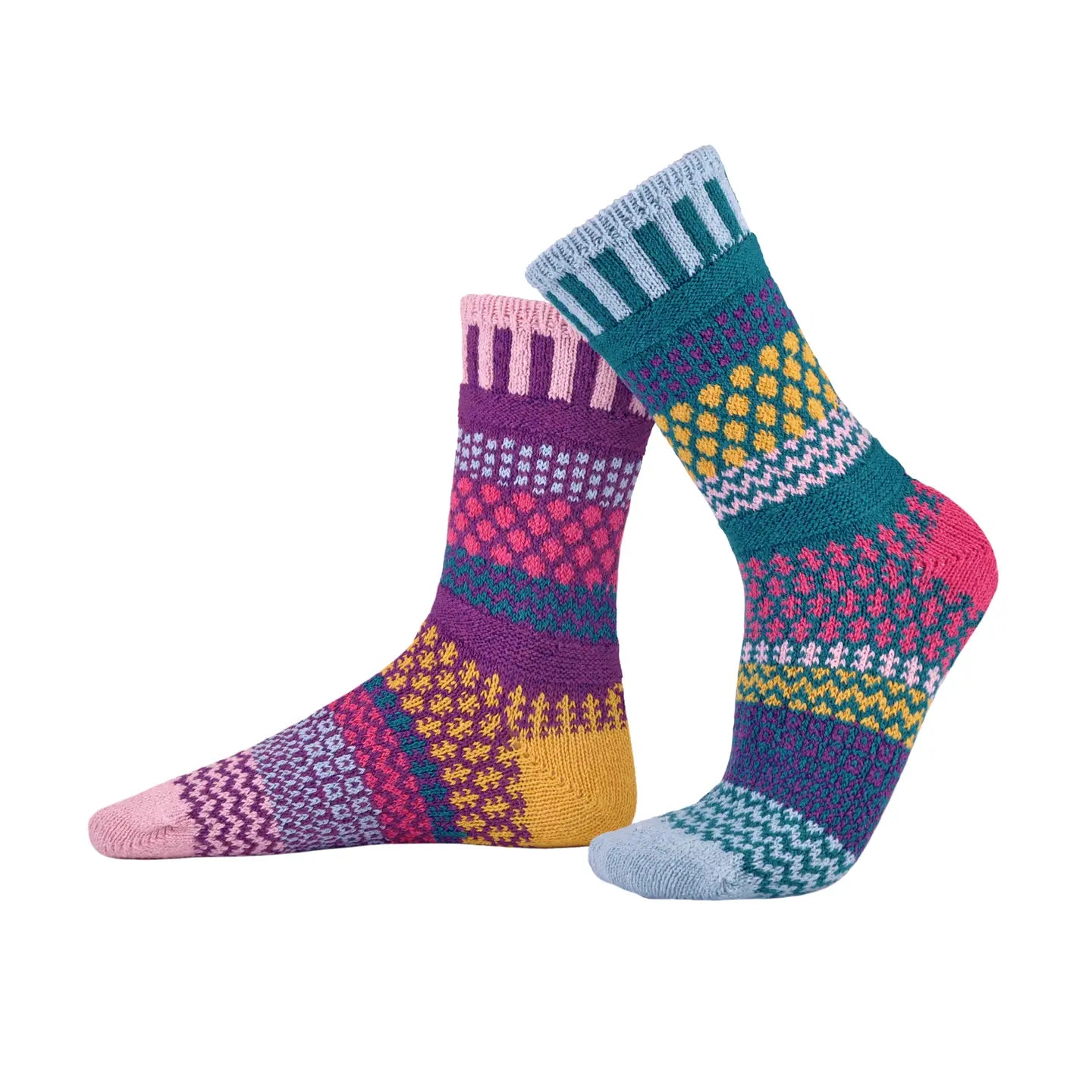 Colorful Petunia Crew Socks from Solmate Socks featuring a blend of light pink, purple, teal, yellow gold, light blue, and magenta patterns, made from recycled materials.