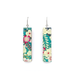 Close-up of teal floral Chiyogami long bar earrings with titanium hooks showing intricate paper design