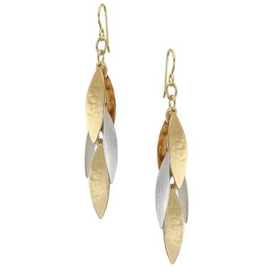Long Layered Leaves Wire Earrings by Marjorie Baer, featuring five tiered leaves in brass and silver with a hammered texture, showcasing a sophisticated design.