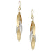 Long Layered Leaves Wire Earrings by Marjorie Baer, featuring five tiered leaves in brass and silver with a hammered texture, showcasing a sophisticated design.