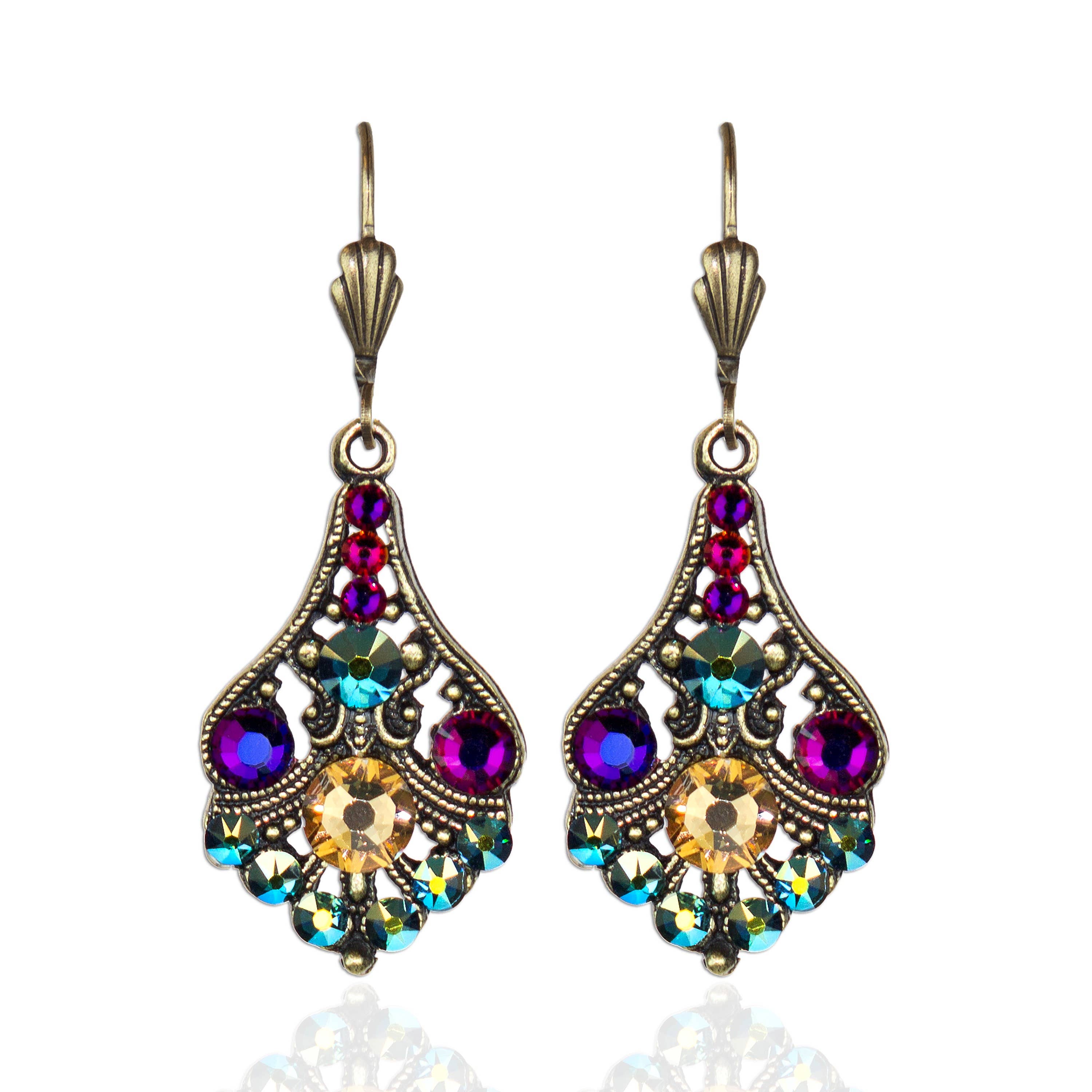 Multicolored gemstone drop earrings with intricate designs 
