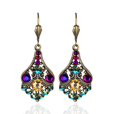 Multicolored gemstone drop earrings with intricate designs 