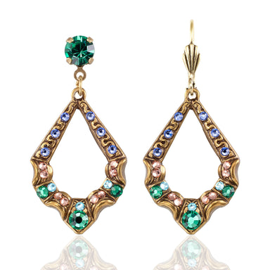 Pair of gold drop earrings with green and blue gemstones 