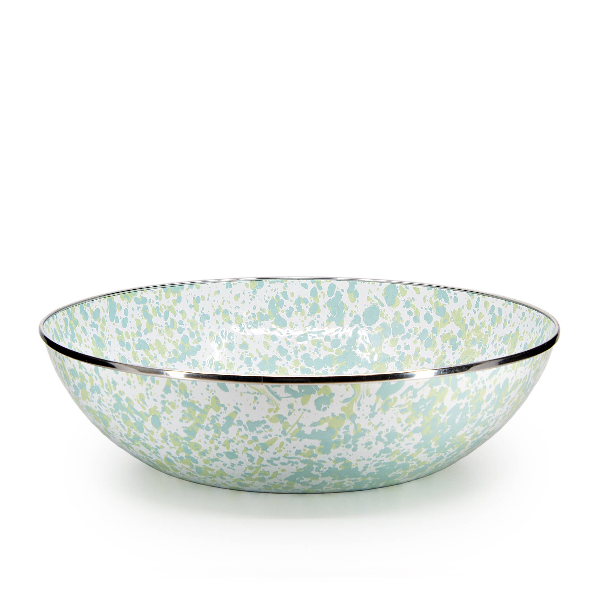 Enamelware Jardin Catering Bowl by Crow Canyon Home, featuring a Fern Green and Sky Blue swirl design. Ideal for buffets and events with a 5 quart capacity and wide, deep profile.