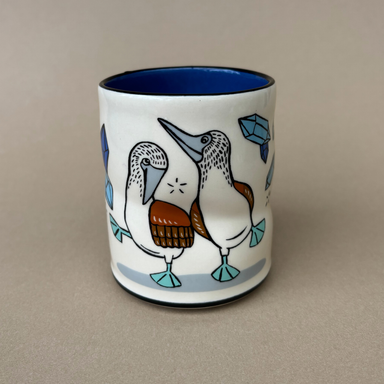 Ridiculous Dance Spark Cup - Large by The Bowl Maker featuring two stylized birds with colorful detailing on a white ceramic background.