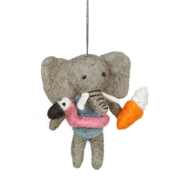 Felted elephant ornament with a flamingo and an ice cream cone
