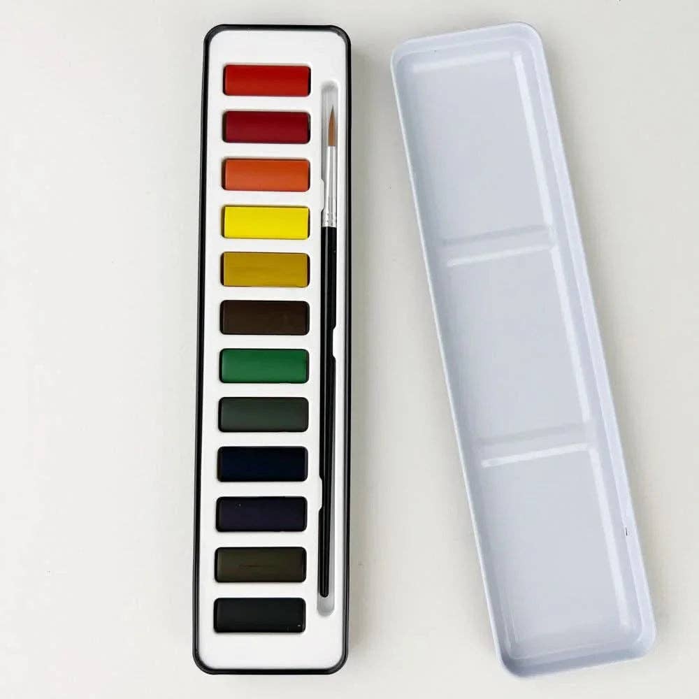 Watercolor paint set 12 colors featuring vibrant hues in a black tin case, perfect for artists on-the-go and includes a round size 4 artist brush.