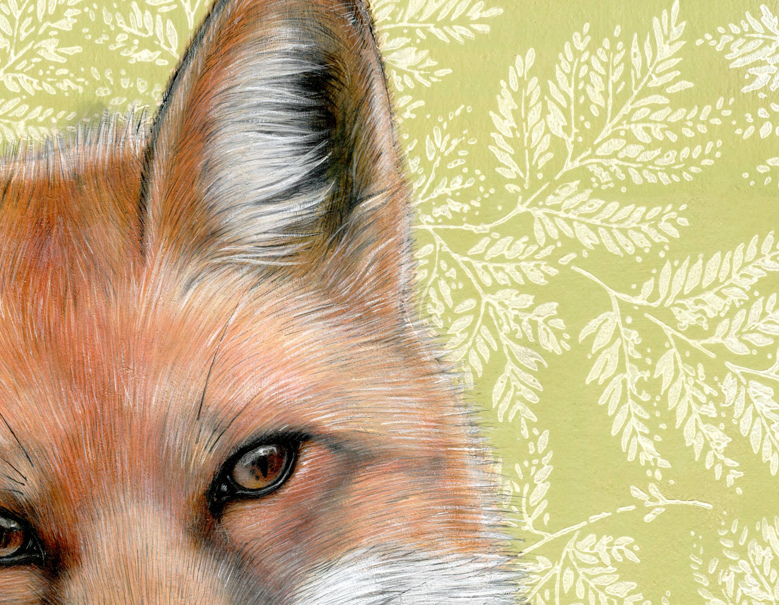 Framed art print of a fox on a patterned background.