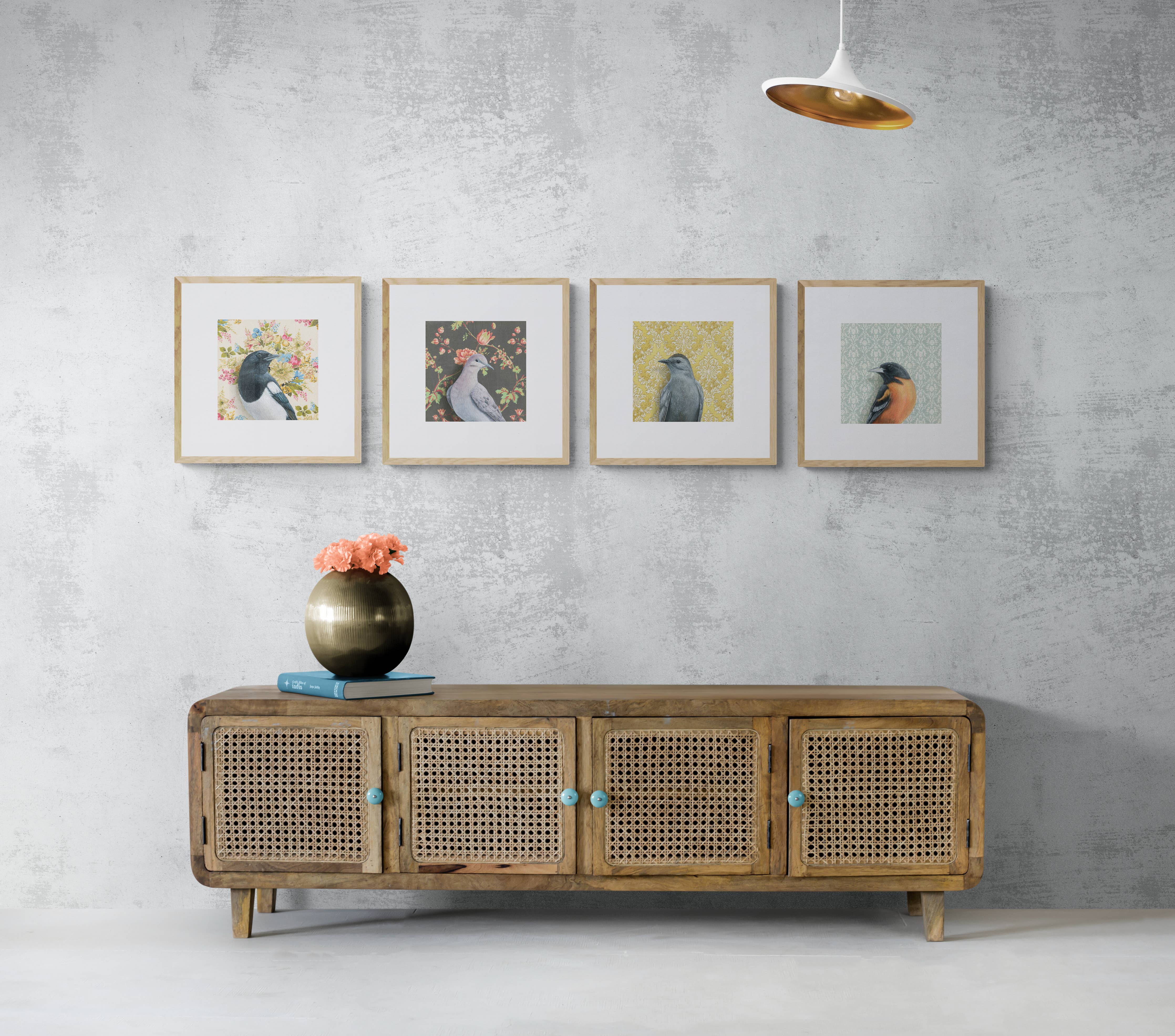 Living room interior with four framed bird art prints above a wooden console.