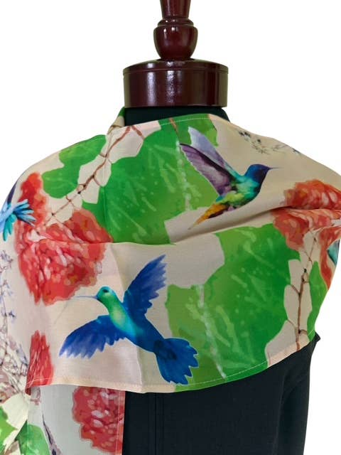 Hummingbirds silk scarf by Nina J, limited-edition wearable art inspired by nature