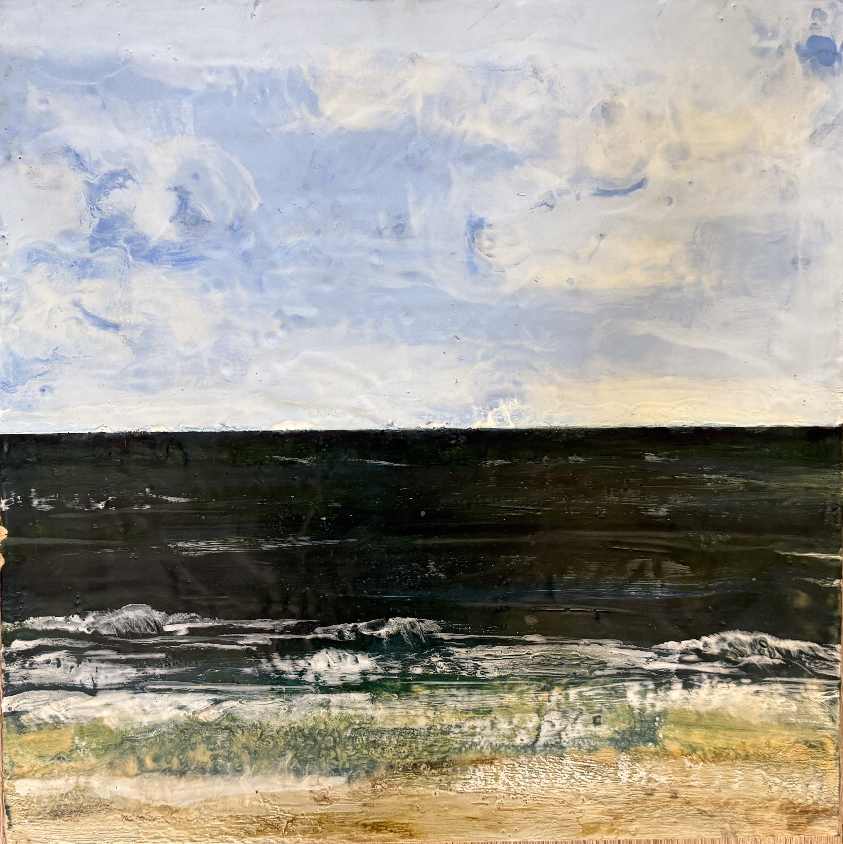 Nicole Woodling | 26th Avenue - Encaustic on wood panel artwork, showcasing the artist's unique blend of art, ecology, and science. 24x24 inches, inspired by nature.