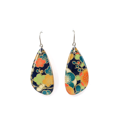 Close-up view of Floral Japanese Chiyogami earrings - Navy, showcasing high-quality Japanese Chiyogami paper and UV-cured resin finish.