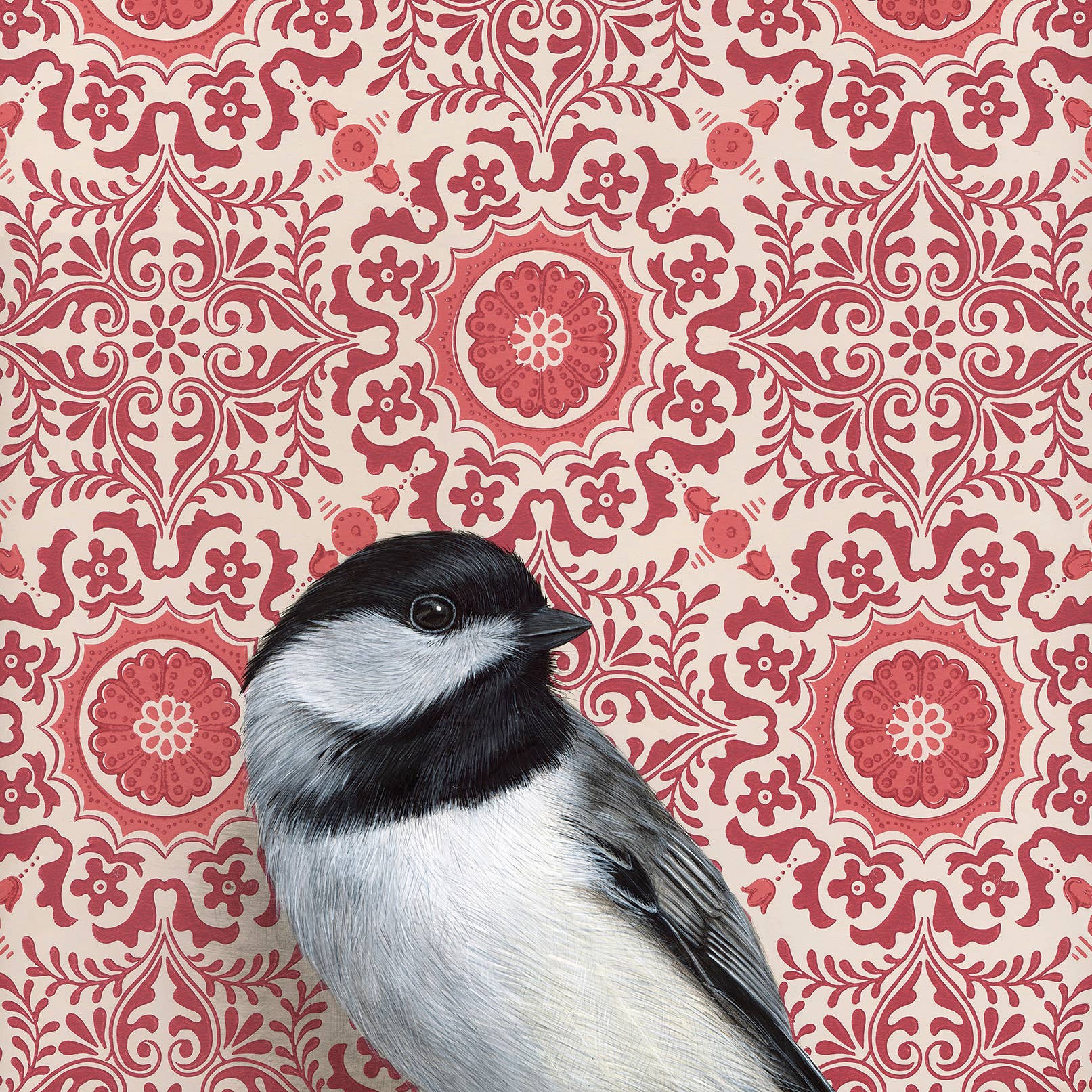 Close-up of a Chickadee illustration by Emily Uchytil, featuring a beautifully rendered bird alongside intricate vintage wallpaper patterns.