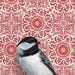 Close-up of a Chickadee illustration by Emily Uchytil, featuring a beautifully rendered bird alongside intricate vintage wallpaper patterns.