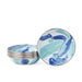 Crow Canyon Home Enamelware Lagoon Tasting Dishes stacked in a vibrant cobalt blue and sea glass marbled design, showcasing the elegant colors and durable materials.